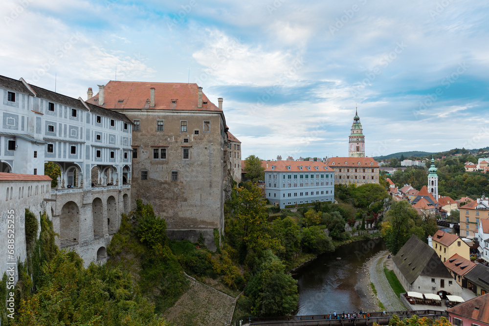 panoramic view of houses along the Vltava River from the castle in Český Krumlov
