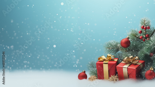 Merry Christmas with space for text Decorated with gift boxes and a Christmas tree. on a blue background