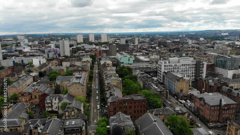 Panoramic aerial 4k view of Glasgow, Scotland, UK cityscape living neighbourhood in west end Panoramic aerial 4k view of Glasgow, Scotland, UK cityscape living neighbourhood in west end