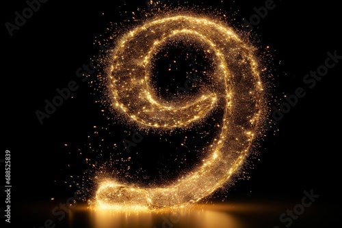 Golden sparkling number nine on black background. Symbol 9. Invitation for a ninth birthday party or business anniversary. photo