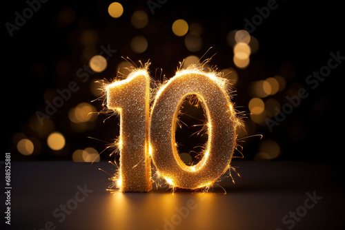 Golden sparkling number ten on black background. Symbol 10. Invitation for a tenth birthday party or business anniversary. photo