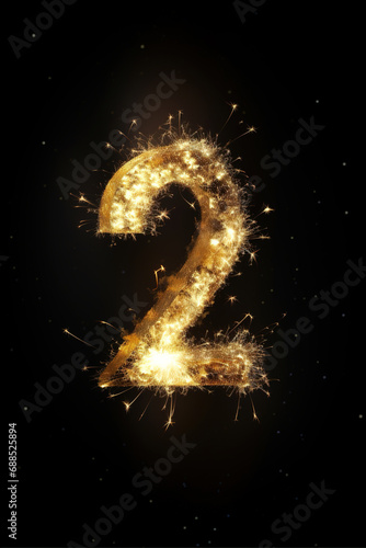 Golden number two on black background. Symbol 2. Invitation for a second birthday party, business anniversary, or any event celebrating a second milestone. Vertical picture. photo