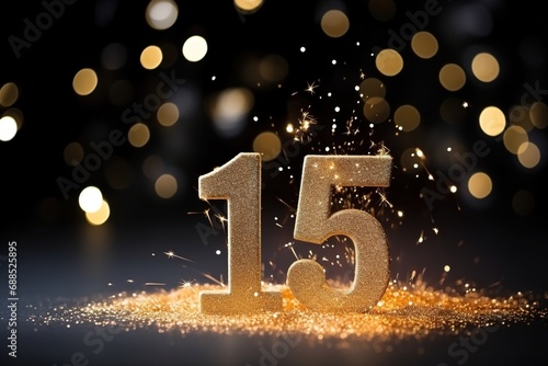Golden sparkling number fifteen on black background. Symbol 15. Invitation for a fifteenth birthday party or business anniversary.