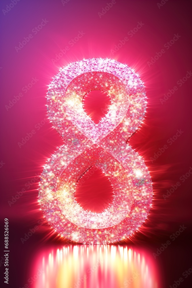 Fototapeta premium Pink glowing number eight. 8 Years Old. Eighth Birthday Celebration. Girls party. Girl celebrates. Special event. Anniversary of beauty company, women's business. Vertical picture.