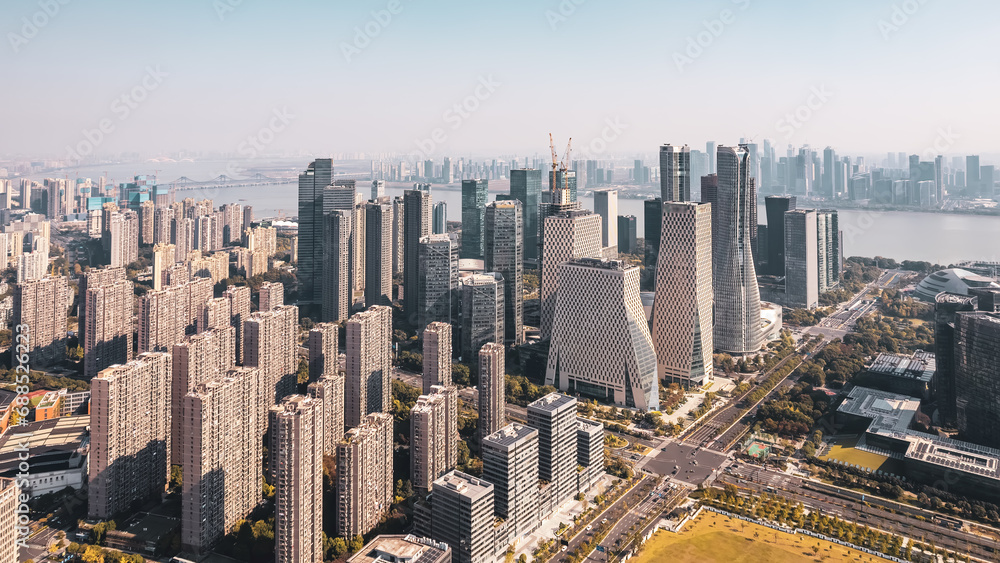 Fototapeta premium Aerial photography of urban landscapes on both sides of the Qiantang River in Hangzhou