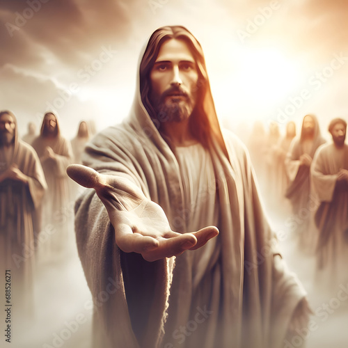 Jesus Christ giving a hand, concept of God's help to sinful humans photo