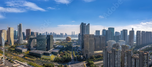 Aerial photo of the street view of Hangzhou Qiantang River Financial Center..