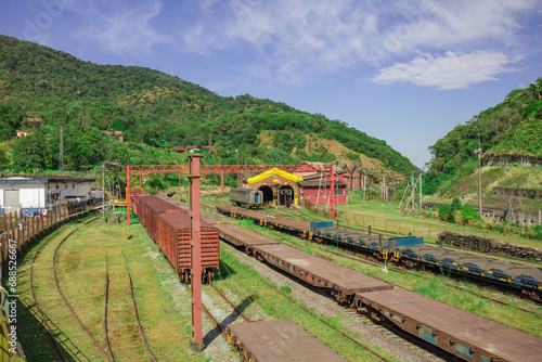 Park in Paranapiacaba with old train called Funicular, old locomotives and station and engine room