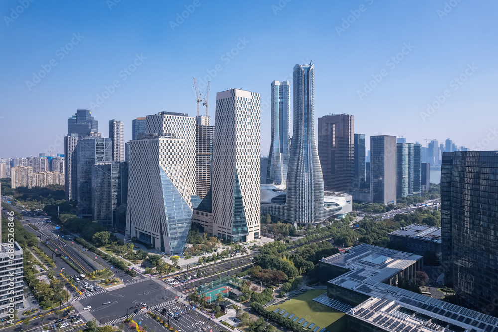 Fototapeta premium Aerial photo of the street view of Hangzhou Qiantang River Financial Center..