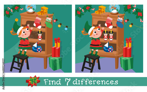 Cute elf in Christmas workshop. Find 7 differences. Educational puzzle game for children. Cartoon funny characters. Vector illustration for kids.