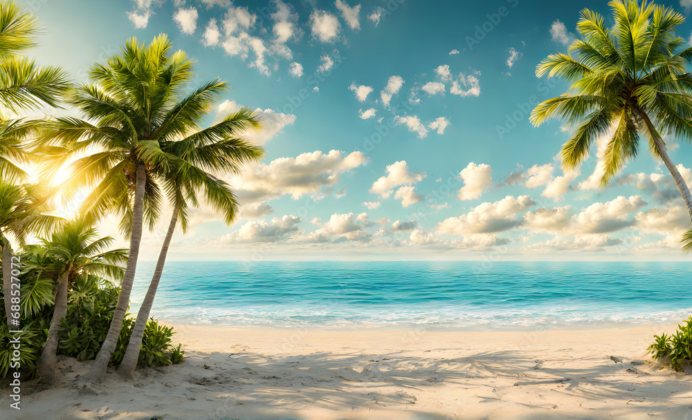 Tropical paradise: Beach, palms, and sea view
