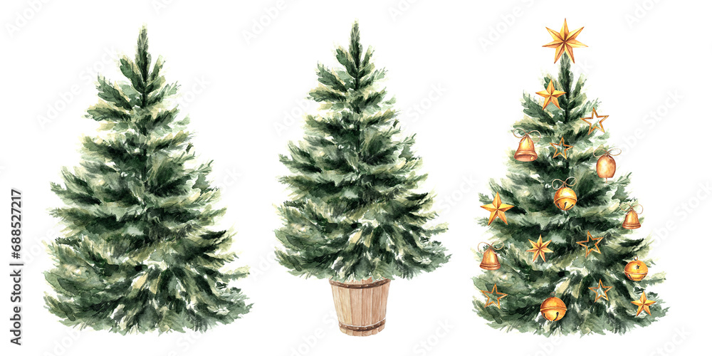 Fototapeta premium Set of watercolor Christmas trees. Hand drawn cute illustrations