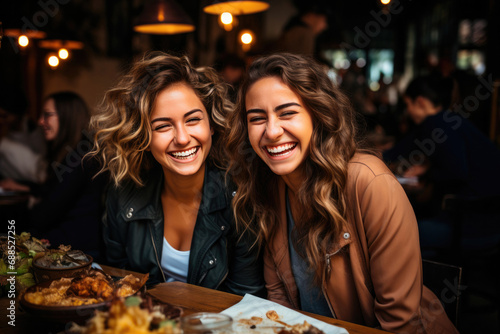 Young female students eating lunch at a cafe and laughing