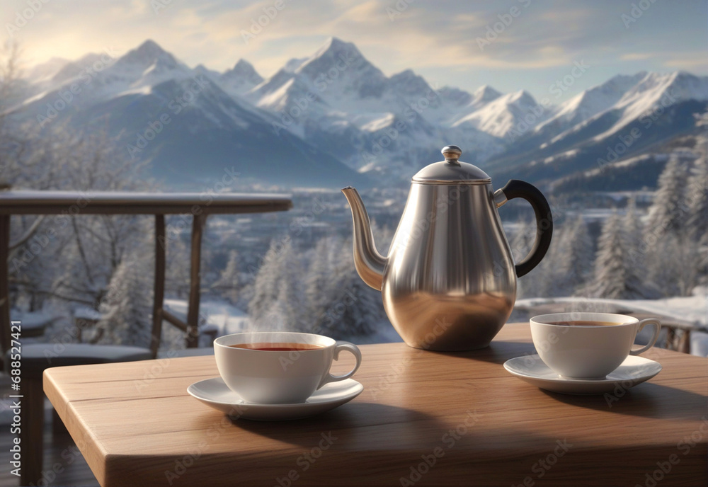 Hot tea with winter landscape background