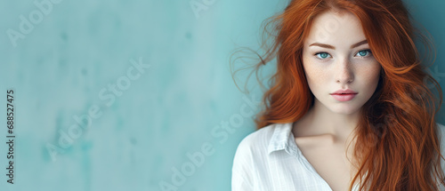 Gorgeous red hair and freckles woman with open eyes touching her perfect skin. Beautiful portrait woman, skin isolated on light blue background, with empty copy space photo