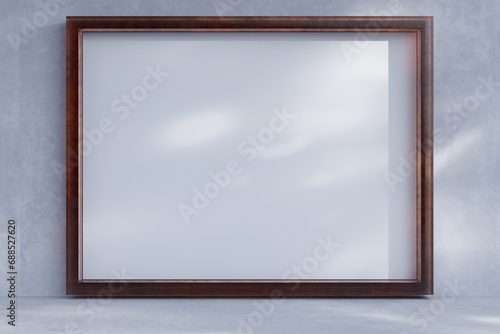 Empty picture frame in white room in modern minimal style. Background template for presentation cover poster  image. 3d realistic illustration.
