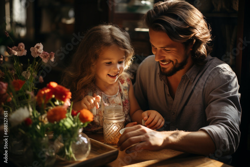 Beautiful father and daughter with flowers