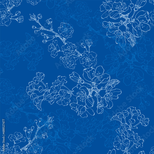 Seamless pattern with sakura branches. Original background. Vintage floral seamless pattern. Spring flowers. Chinoiserie