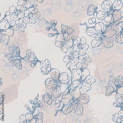 Seamless pattern with sakura branches. Original background. Vintage floral seamless pattern. Spring flowers. Chinoiserie