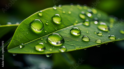Large drop water reflects environment. Nature spring photograph raindrops on plant leaf. Background image in turquoise and green tones with bokeh, Close-up of raindrops on the surface of a brigh 
