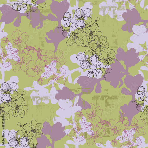Seamless pattern with sakura branches. Original background. Vintage floral seamless pattern. Spring flowers. Chinoiserie