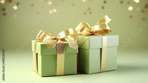 Pistachio colored gift boxes with ribbons on pistachio background