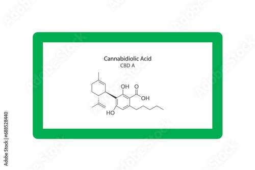 CBDA - Cannabidiolic Acid molecular skeletal structure. Cannabinoid chemical structure vector illustration on green background.