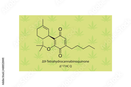 Δ9-THCQ - Δ9-Tetrahydrocannabinoquinone molecular skeletal structure. Cannabinoid chemical structure vector illustration on green background.