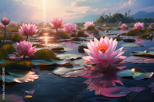 pink lotus flowers on the river at sunset photo