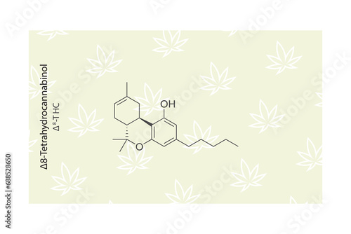Δ8-THC - Δ8-Tetrahydrocannabinol molecular skeletal structure. Cannabinoid chemical structure vector illustration on green background.