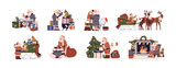 Claus set. Santa writing letter, drives sleigh with reindeers, give xmas gifts from bag, leaves presents under christmas tree. Elves rest near fireplace. Flat isolated vector illustration on white