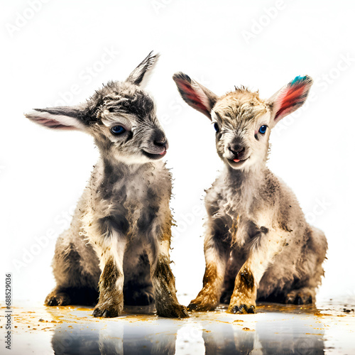 Two cute baby lambs on a white background. Shallow depth of field