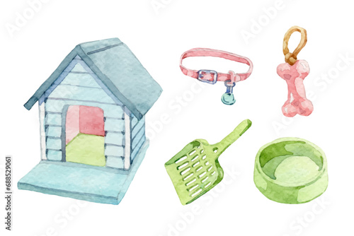 Watercolor cute pet equipment elements collection