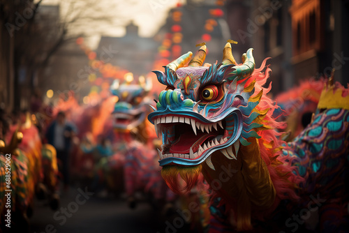 a traditional Chinese dragon dances the dragon dance at the Chinese New Year festival © kazakova0684