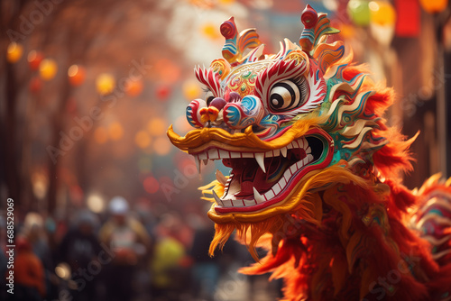 a traditional Chinese dragon dances the dragon dance at the Chinese New Year festival