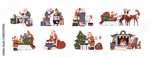 Claus set. Santa writing letter, drives sleigh with reindeers, give xmas gifts from bag, leaves presents under christmas tree. Elves rest near fireplace. Flat isolated vector illustration on white