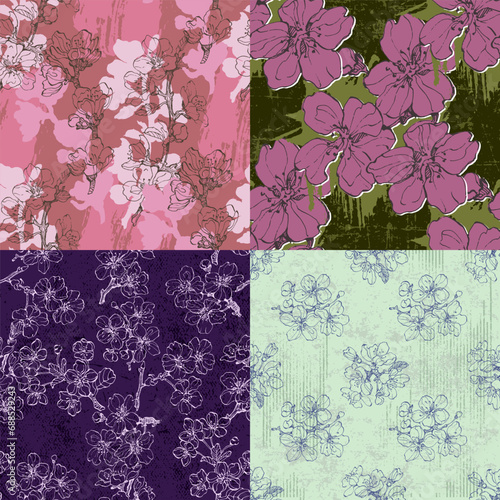 Seamless pattern with sakura branches. Original background. Vintage floral seamless pattern. Spring flowers. Chinoiserie