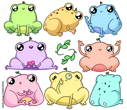 colorful сute frogs pack. green, orange, dark blue, violet frog, red, pink, yellow, blue. stickers for kids 