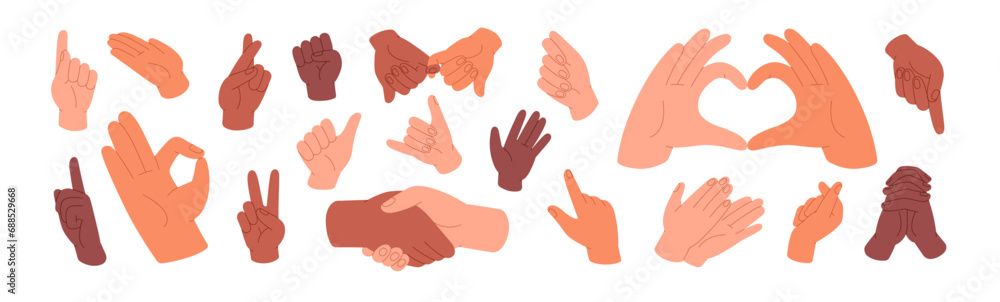 Human hands gesture set. Sign language. Expressions with pointing fingers, grip fist, greeting palms. Love symbol, handshake, touches. Communication concept. Flat isolated vector illustration on white - obrazy, fototapety, plakaty 