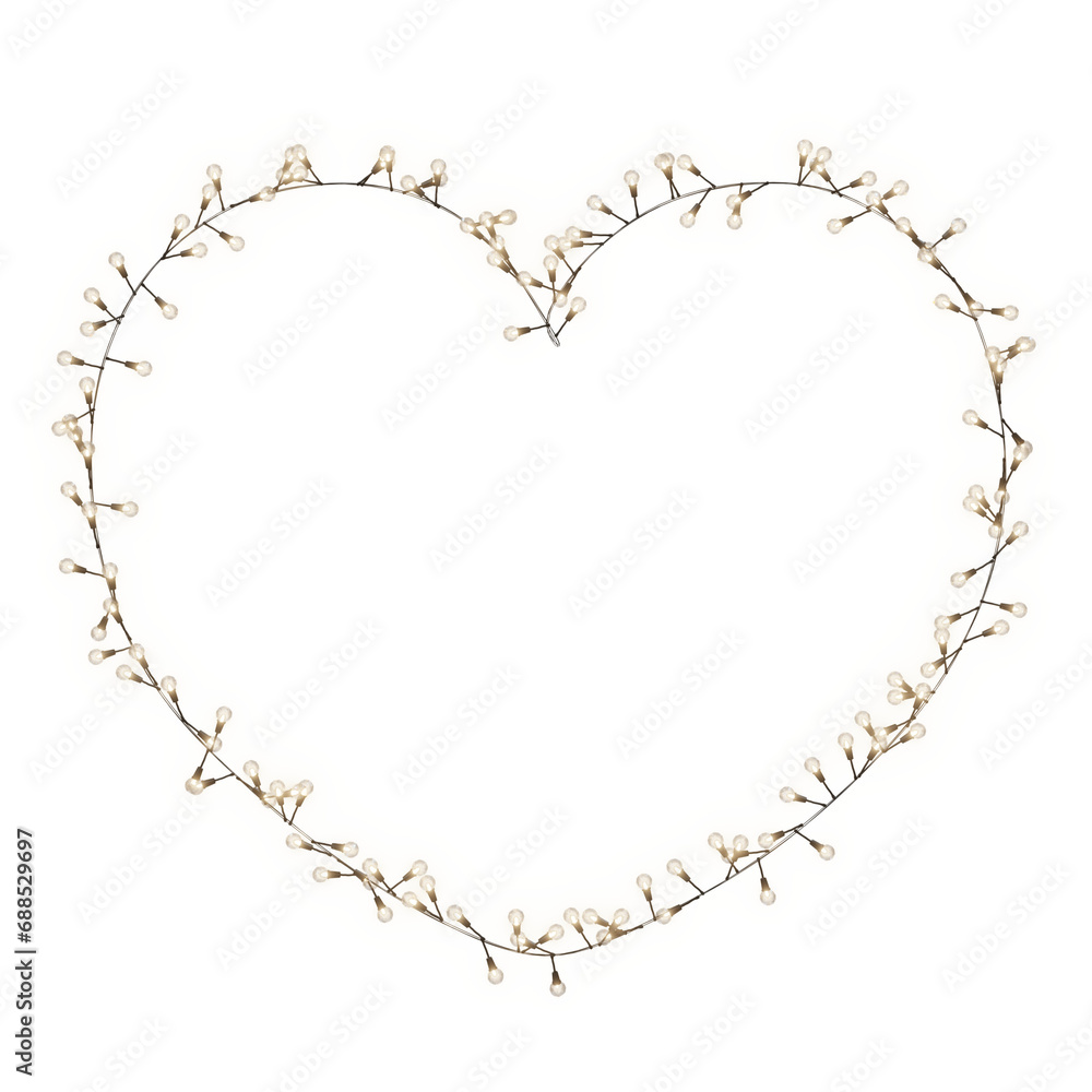 Heart-shaped frame with yellow bulbs in 3D, adding sparkle to your celebrations. PNG Heart-shaped frame with yellow bulbs in 3D, adding sparkle to your celebrations. PNG