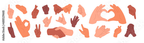 Human hands gesture set. Sign language. Expressions with pointing fingers, grip fist, greeting palms. Love symbol, handshake, touches. Communication concept. Flat isolated vector illustration on white photo