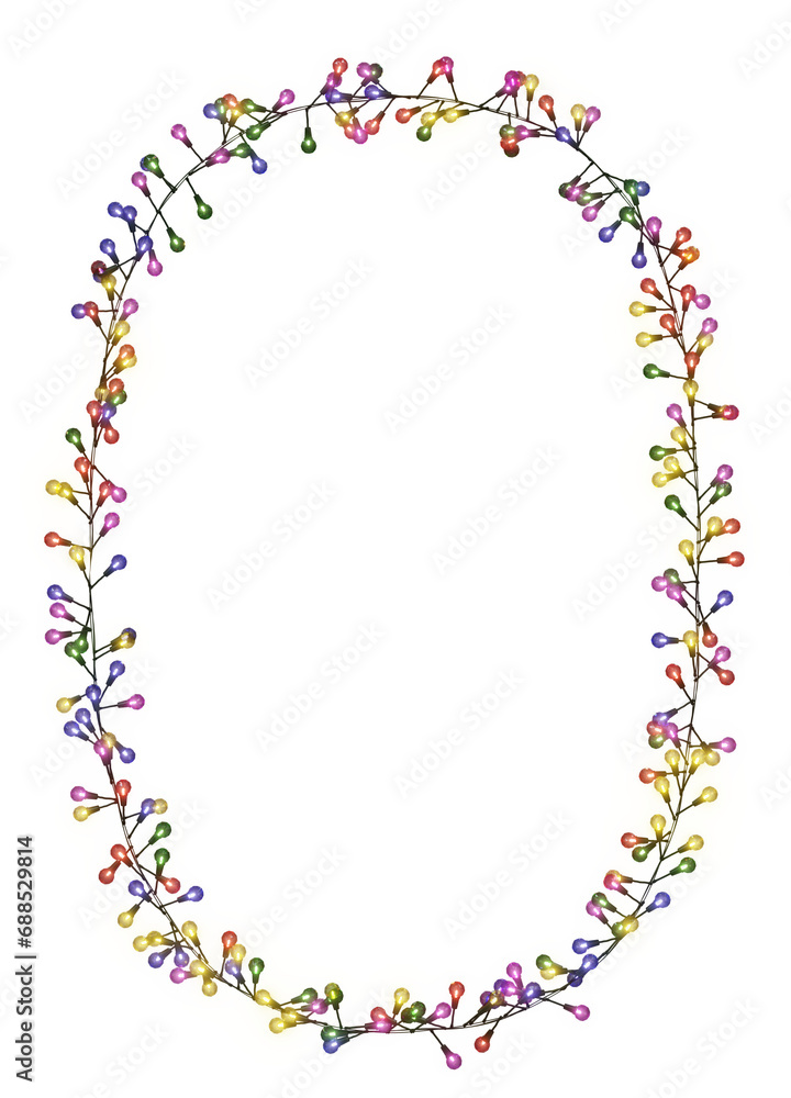 This 3D illustration presents a oval elipse  frame of string lights in multiple colors, adding a festive touch to any event. PNG