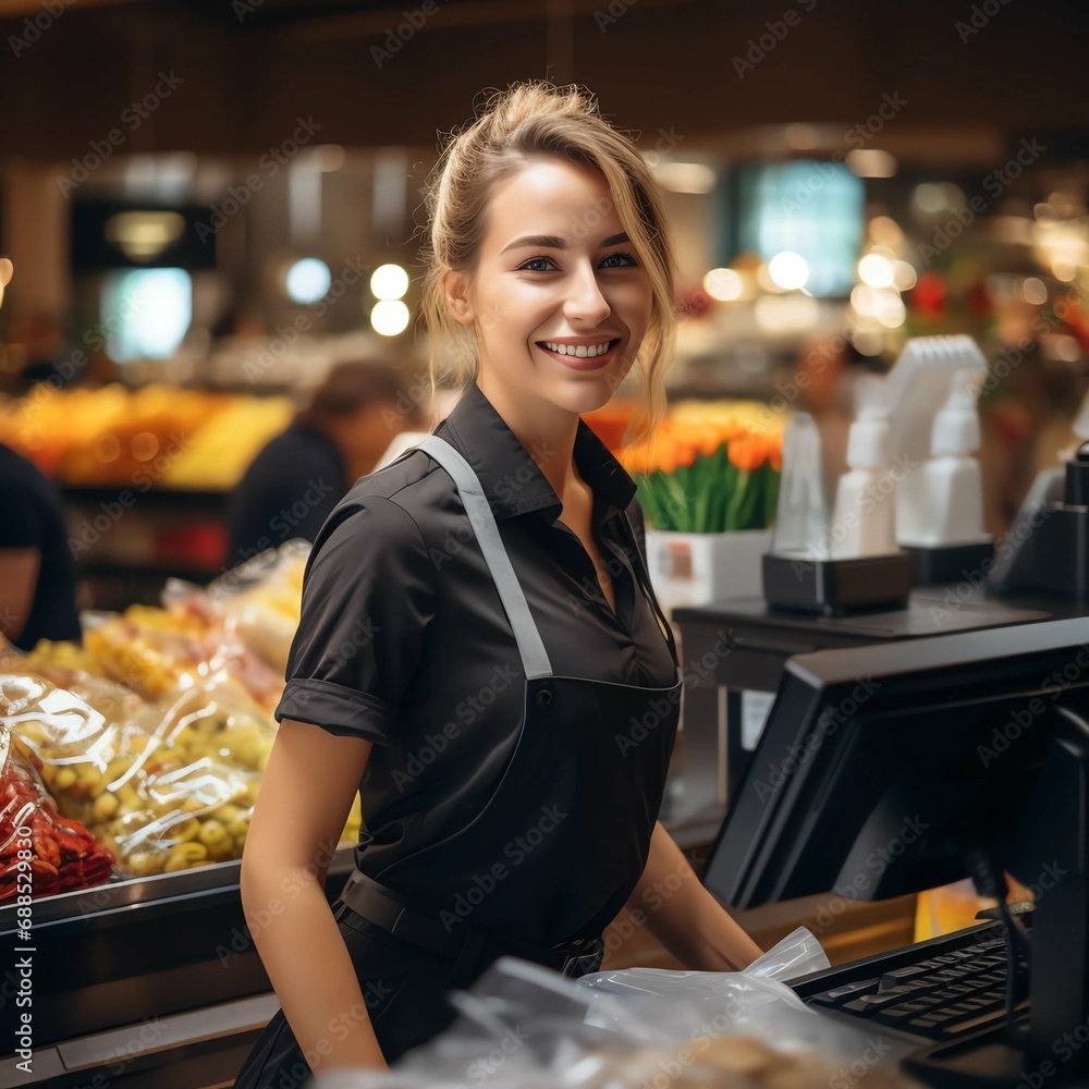portrait of a female cashier in a grocery store