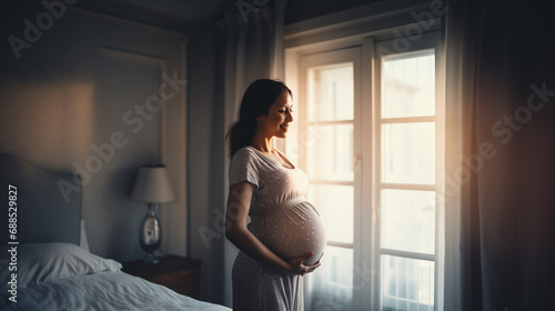 maternity photo with young pregnant Hispanic woman holding her enlarged belly in bedroom in front of bright window
