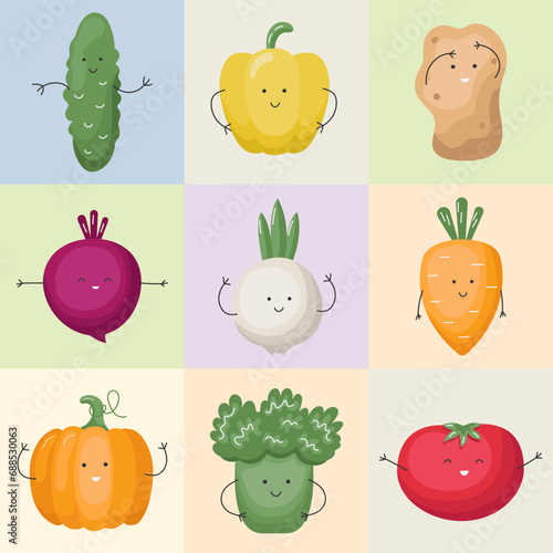 Vector geometric pattern with food cute funny characters. Cartoon trendy vegetables pattern in a checkered background. Flat illustration