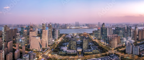 Aerial photo of the night view of the Qiantang River Financial Center in Hangzhou © 昊 周