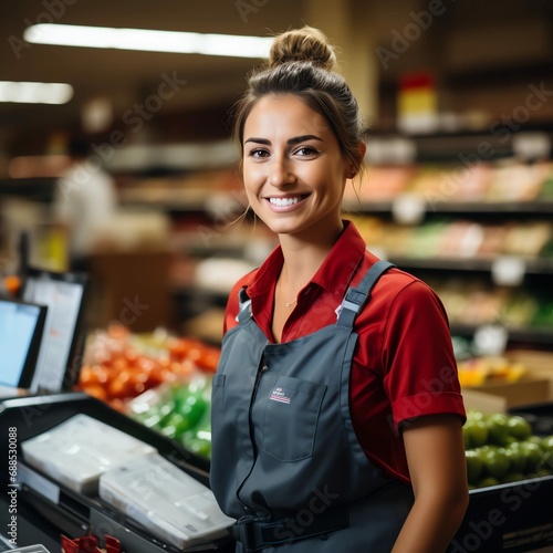 portrait of female cashier in supermarket photo
