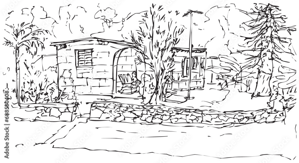 Ink sketch of a hostal with its own kitchen with dining table. A house with a tiled roof and a front garden with trees. Avenida Segaunda, Varadero, Cuba