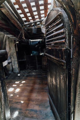 Deck of a vintage wooden pirate ship