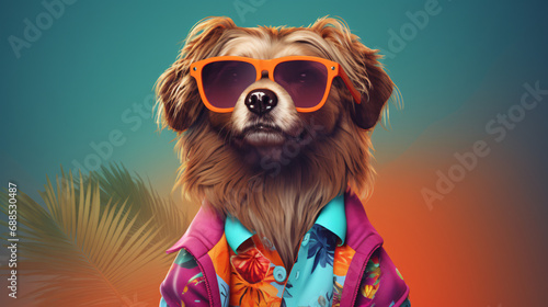 Cute Cartoon Dog Wearing Colorful Vacation Clothes © Natia